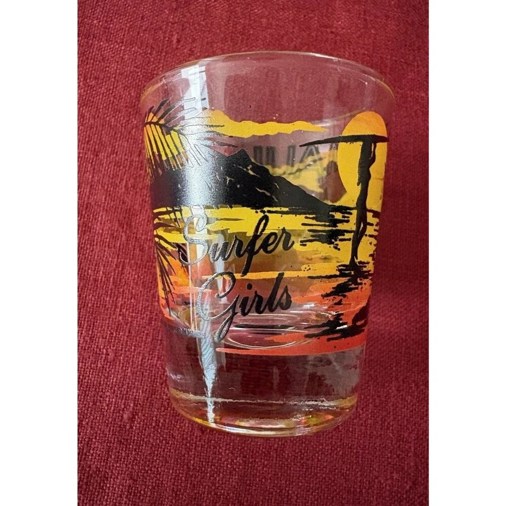 Vintage 1980s/1990s Libbey Maui Souvenir Shot Glass Surfer Girls Hawaii Beach